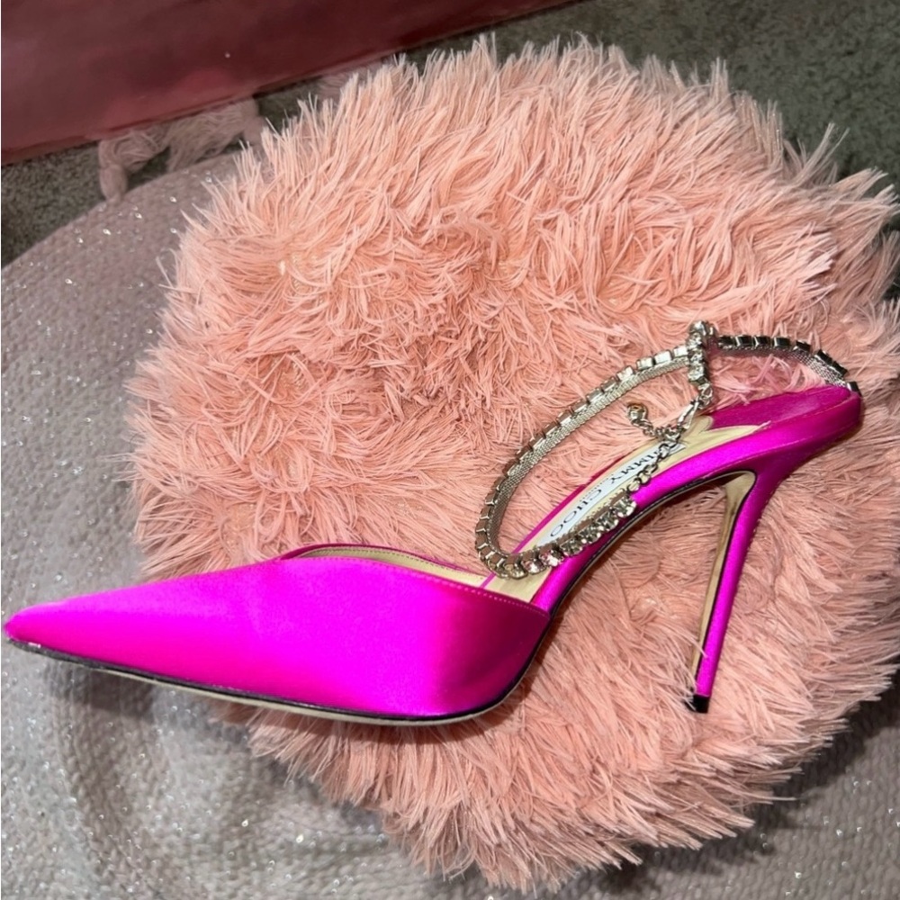 Jimmy Choo fuchsia satin Saeda 100 Crystal embellished strappy pumps - Picture 2 of 6